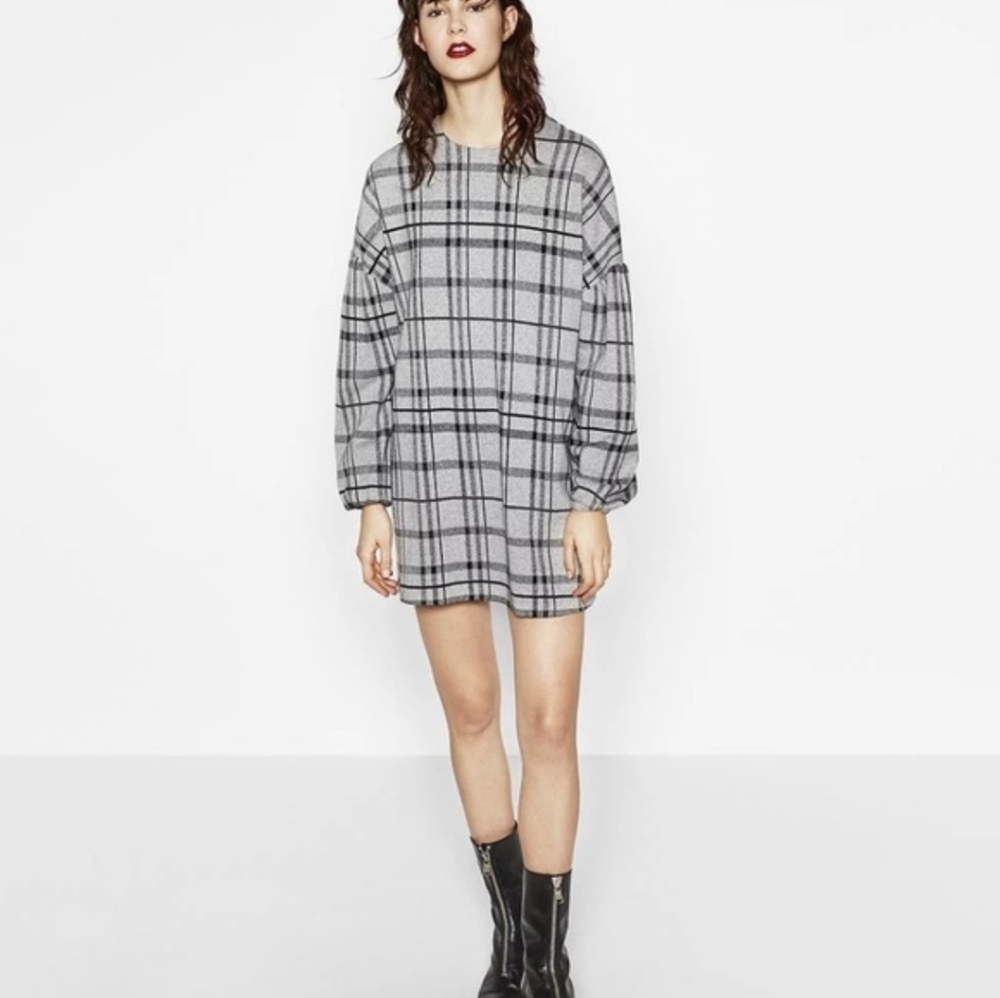 Zara Gray Plaid Flannel Mini Dress